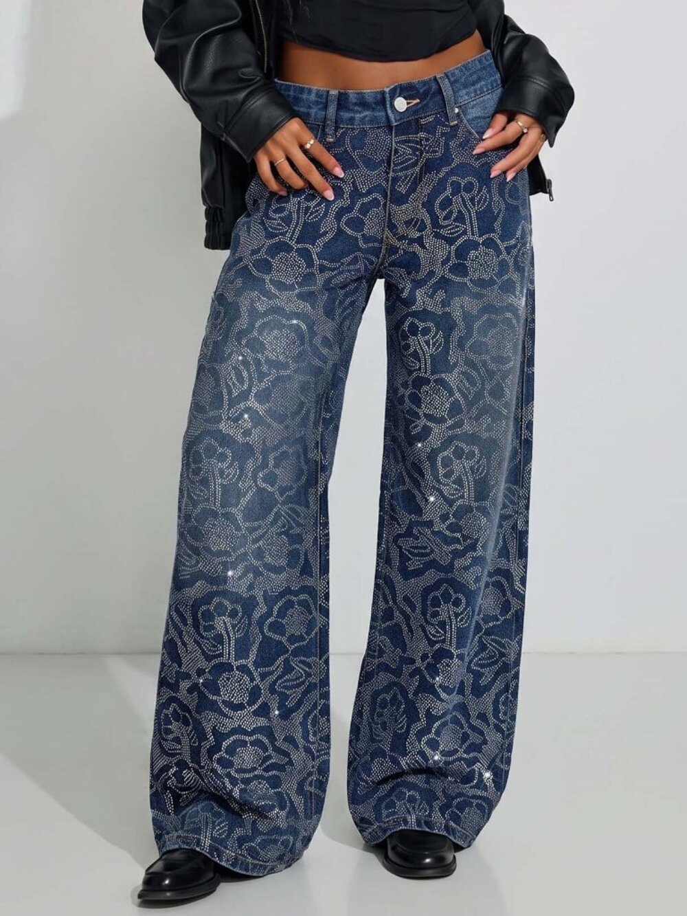 Blue Boho Women's Rhinestone Floral Wide Leg Jeans